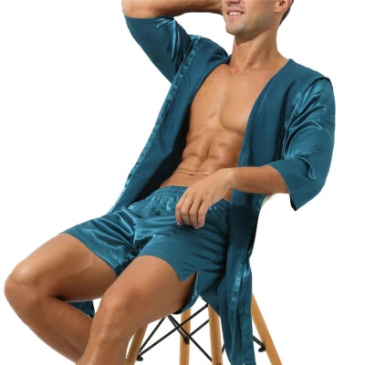 Roupão de cetim masculino sedoso roupão de banho com shorts leve conjunto de pijama com capuz - Imagem 1 de 4