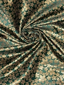 1M BANARSI Teal Green  GOLD COLOR FLORAL  METALIC BROCADE JACQUARD FABRIC 50" - Picture 1 of 4