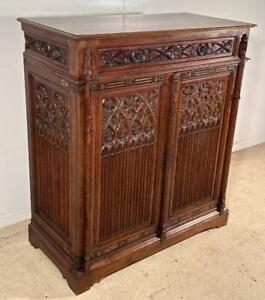 50" Tall Antique French Gothic Revival Storage Cabinet/Armoire in Oak Wood