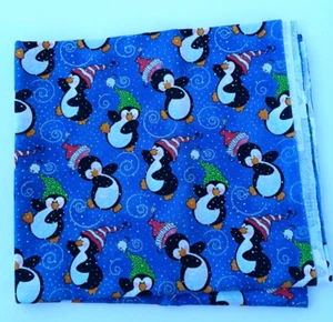 2018 Laurie Campbell La-di-draw tela brillante pingüinos de Navidad una yarda - Imagen 1 de 8