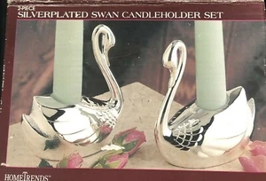 HomeTrends Silver-plated Swan Candleholder Set Original Box Wedding - Picture 1 of 12
