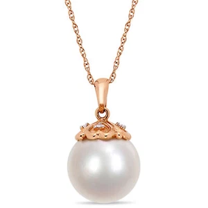 Amour 10k Rose Gold Cultured Freshwater Pearl & Diamond Drop Pendant with Chain - Picture 1 of 5
