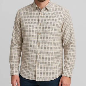 David Taylor Mens Button Up Shirt XL Beige Blue Geometric Print Long Sleeve - Picture 1 of 12