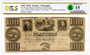 1834 $100 Planters Bank Natchez, Mississippi Obsolete Note PCGS F-15 GCC Green - Picture 1 of 3