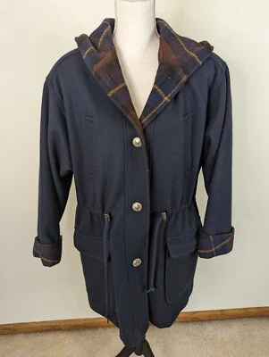 Vintage Jofeld Blue Plaid Lined Hooded Wool Coat Jacket Medium Parka Relaxed Fit - Image 1 of 4