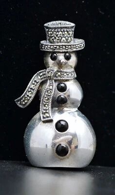 Rare JUDITH JACK JJ 925 Sterling Silver Snowman Brooch Pin Marcasite Black Onyx - Image 1 of 4