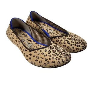 EUC Rothys Big Cat Leopard Brown Tan Blue Round Toe Ballet Flats Sz 9.5 - Picture 1 of 7