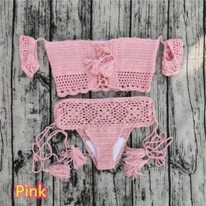 Mujeres Crochet Sexy Bikini Conjunto Boho Traje de Baño Chaleco Cintura Alta Hueco Tomar el Sol - Imagen 1 de 15