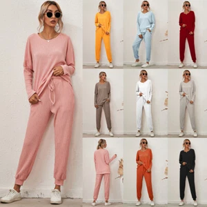 PLUS SIZE 6-24 Women PJS Ribbed Knit Casual Loungewear Tops Pants 2PCS Tracksuit - Picture 1 of 61