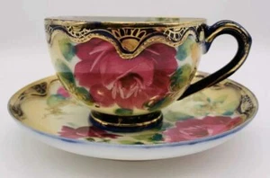 Antique 1891c Hand Painted Eggshell Tea Cup Saucer Nippon Japan Floral Gold Trim - Picture 1 of 10