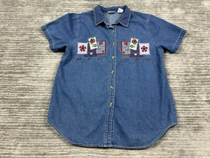 Bobbie Brooks Top Womens Large Blue Denim Floral Embroidered Short Sleeve Cotton - Picture 1 of 13