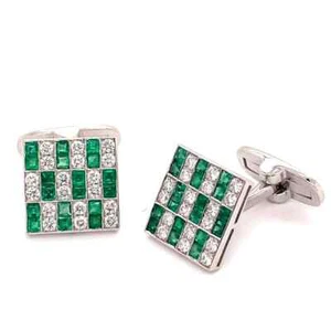 2.30 CT Green Emerald & White CZ Men's Fantastic Unique Cuff Links In 935 Silver - Picture 1 of 4