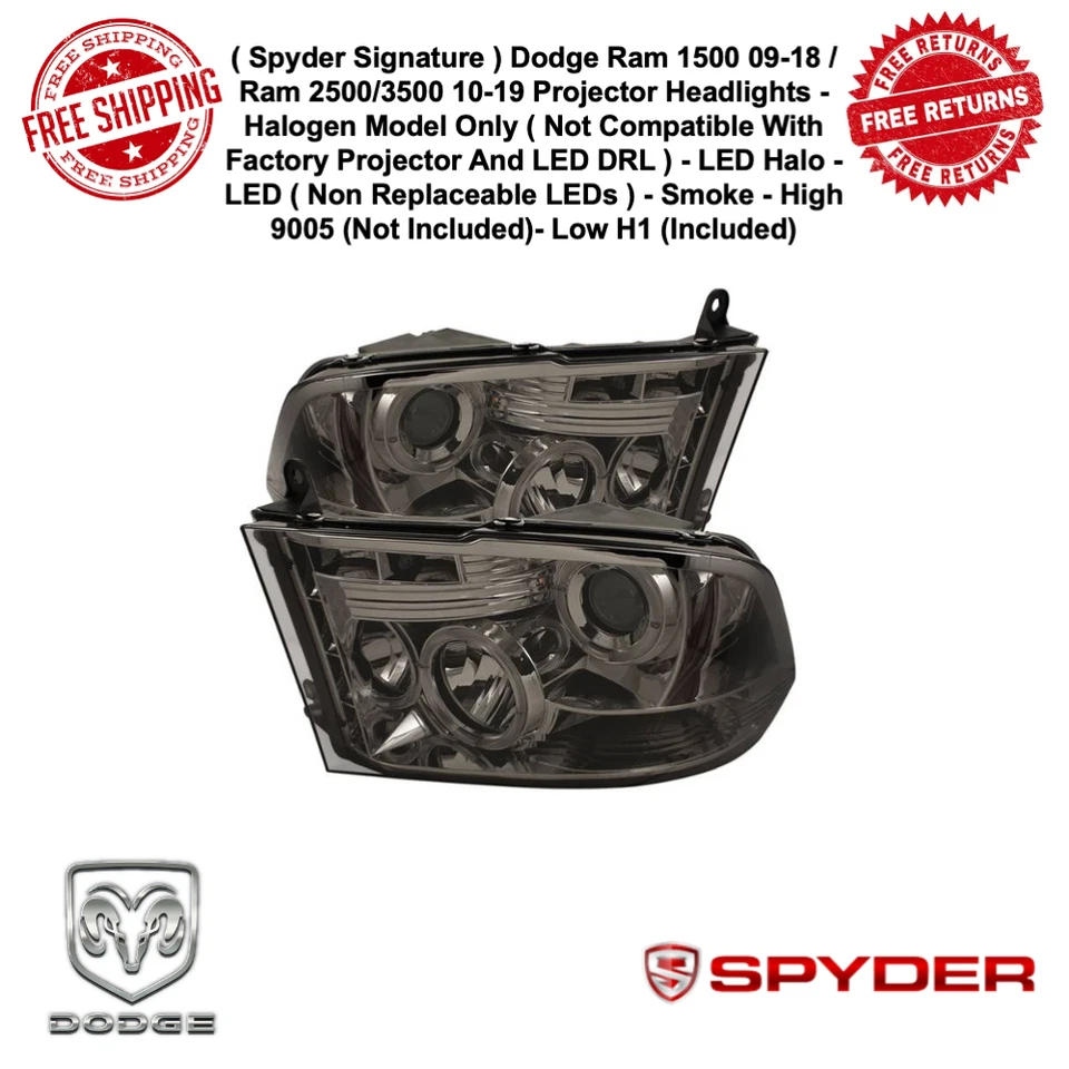 Spyder 签名 LED 光环模型烟雾投影仪前灯适用于 09 - 19 Ram 1500 — 第 1/4 张图片