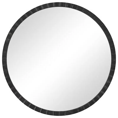 Luxe Modern Black Ridged Frame Wall Mirror 34 in Round Industrial Iron Ribbed - Image 1 of 4