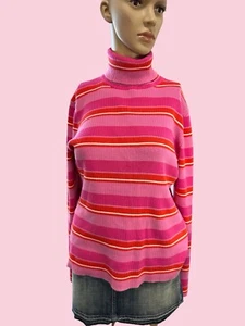 Casual Corner Womens Pullover Sweater Pink Striped Long Sleeve Turtleneck Sz L - Picture 1 of 5