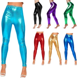 Women's Shiny Metallic Print High Waisted Disco Pants Leggings Ladies Stretch - Picture 1 of 33