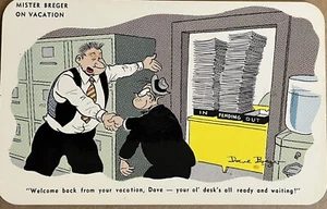 Dave Breger Comic Work Piled Up after Vacation Humor Postcard 1950’s - Picture 1 of 5