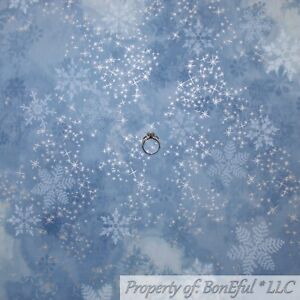 BonEful FABRIC FQ Cotton Quilt Blue White Star Snowflake Glitter Silver Metallic