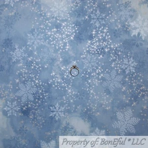BonEful FABRIC FQ Cotton Quilt Blue White Star Snowflake Glitter Silver Metallic - Picture 1 of 12