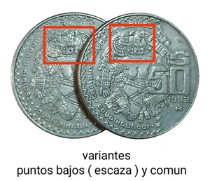 $50 pesos  GODDESS COYOLXAUHQUI Mexico 1982 VARIANTES DE PUNTOS EN CABELLO #2 - Picture 1 of 8