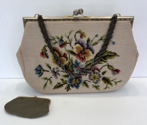 Vtg Antique Petit Point Cream Floral Needlepoint Handbag Purse Wallet Embroidery - Picture 1 of 12