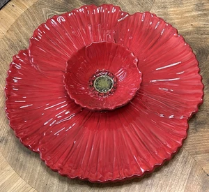 FLEUR ROUGE Chip & Dip Set Plate Bowl Red Poppy Ambiance Nanette Vacher Majolica - Picture 1 of 6