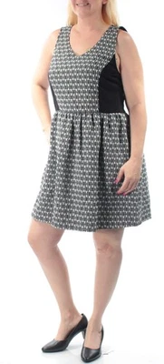 Vestido KENSIE Mujer Negro Geométrico Cuello en V Sobre la Rodilla Calce + Acampanado L Foto 1 de 4