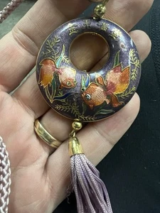 Koi Fish Cloisonné Chinese Style Donut Pendant Lavender Purple Necklace - Picture 1 of 10