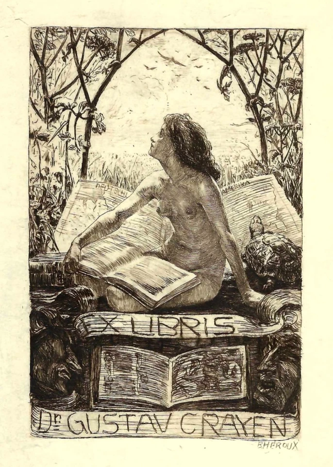 Bruno Héroux: Exlibris / Weibl. Akt mit Buch vor Atlas, Schildkröte, Masken - Bild 1 von 1