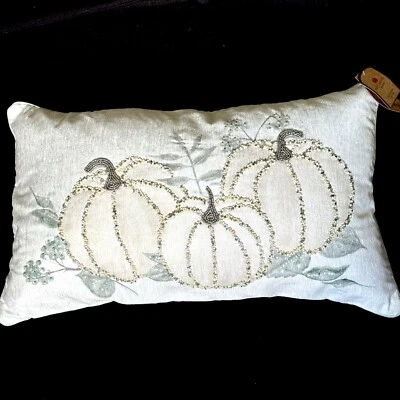 Beaded Cream Pumpkin Lumbar Pillow Sage Green Feather Fill Fall Decor 16x30 NEW - Image 1 of 4