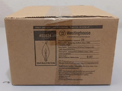CASE OF 25 WESTINGHOUSE 25W FLAME TIP CANDELABRA BASE LAMP 03674 - Изображение 1 из 2