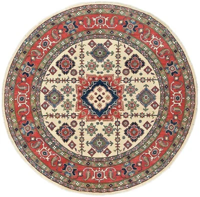 Kazak Rug 7'10'' x 7'9'' Round Beige Wool Tribal Hand-Knotted Oriental Carpet - Image 1 of 4