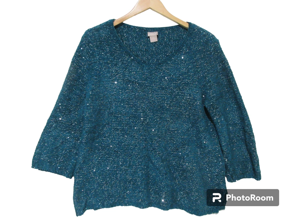 Sz 2P (LP) L Petite Chicos Sweater Sequin Embellished 3/4 Sleeve Green Side Slit - Image 1 of 4