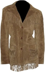 Women Western Wear Suede Leather Brown Fringe Native American Jacket Coat - Picture 1 of 3