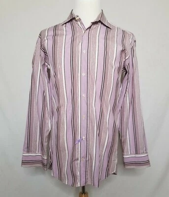 Camisa social Etro masculina tamanho 43 botão frontal listrada multi-colarinho manga longa Itália - Imagem 1 de 4