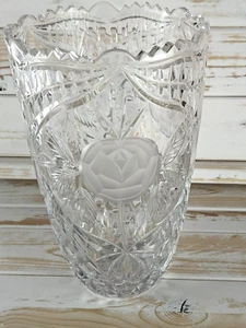 Vintage Cut Crystal Heavy Etched Frosted Roses 8" Vase Sawtooth Top - Picture 1 of 8