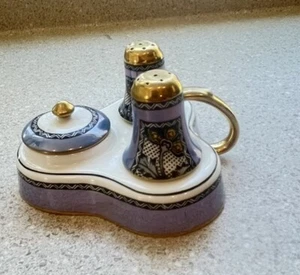 G120~ Japan Lusterware Condiment Set - Salt Pepper Shakers Condiment Dish Blue - Picture 1 of 7