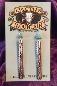 Handcrafted Stamped Earrings Sterling Sliver Turquoise  Cactus Mountain Designs - Picture 1 of 6