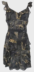 JOHN GALLIANO black grey gold lace & skull print Silk Ruffle Dress Sz 4US 38FR - Picture 1 of 6