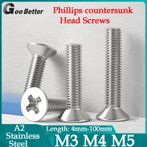 M3 M4 M5 A2 Stainless Steel Phillips Countersunk Flat Head Screw Long 4mm-100mm - Picture 1 of 84