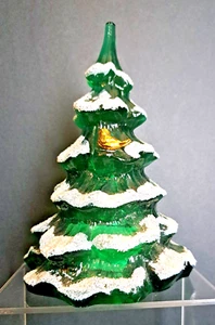 1992 FENTON GRÜN GLAS SCHNEE BEFLOCKT WEIHNACHTSBAUM 6" GOLD VOGEL KÜNSTLER SIGNIERT - Bild 1 von 6