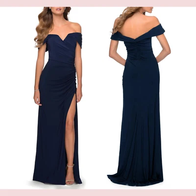 NEW $368 La Femme [ size 6 ] High Slit Off the Shoulder Jersey Gown Navy #S596 - Image 1 of 4