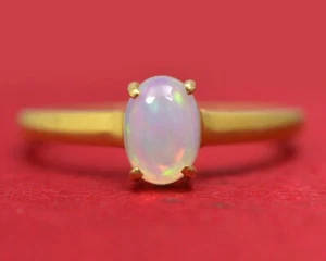 7X5 mm Oval Natur Opal Regenbogen Feuer Edelstein 14K Gelbgold Verlobungsring - Bild 1 von 5