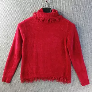 Rafaella Turtleneck Sweater Womens Medium Red Tassled Frayed Accents Long Sleeve - Picture 1 of 15