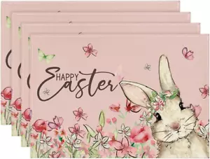Pink Bunny Rabbits Flower Happy Easter Placemats Set of 4, 12X18 Inch Seasonal S - Picture 1 of 12