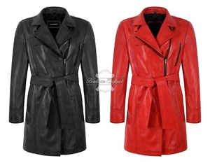 Womans Leather Coat ELEGANT Collared Cross Zip Real Soft Leather 3/4 Long Jacket - Picture 1 of 19