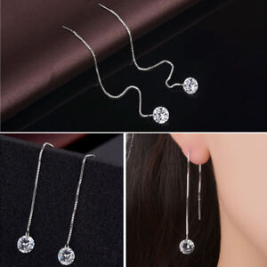 925 sterling silver crystal cubic zirconia thread threader drop earrings 9cm
