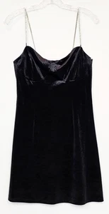 Black Velvet Bling Rhinestone Strap Babydoll Mini Dress Medium Grunge Goth Hoco - Picture 1 of 10