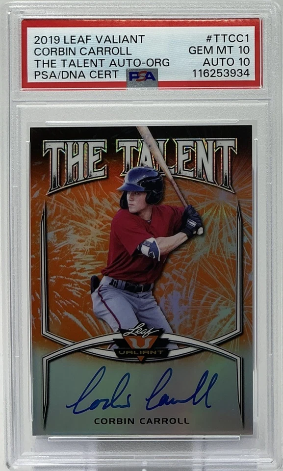 Corbin Carroll Rookie Auto PSA 10/10 - 2019 Leaf Valiant ‘The Talent-Orange’ /35 - Image 1 of 4