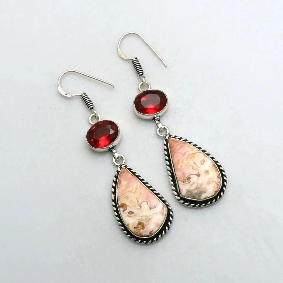 Rhodochrosite Garnet Gemstone Drop Dangle Earrings Jewelry Gift 2.2" AE-92799 - Image 1 of 1